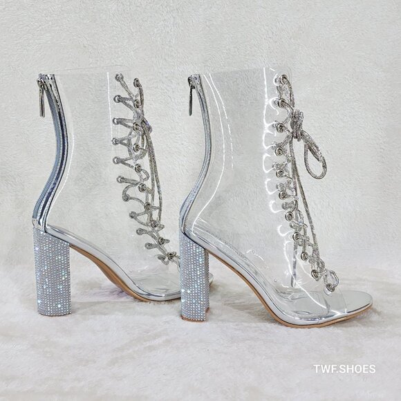 See Me Silver Rhinestone Laces Heels Clear Upper Open Toe Ankle Boots NEW - Picture 9 of 14